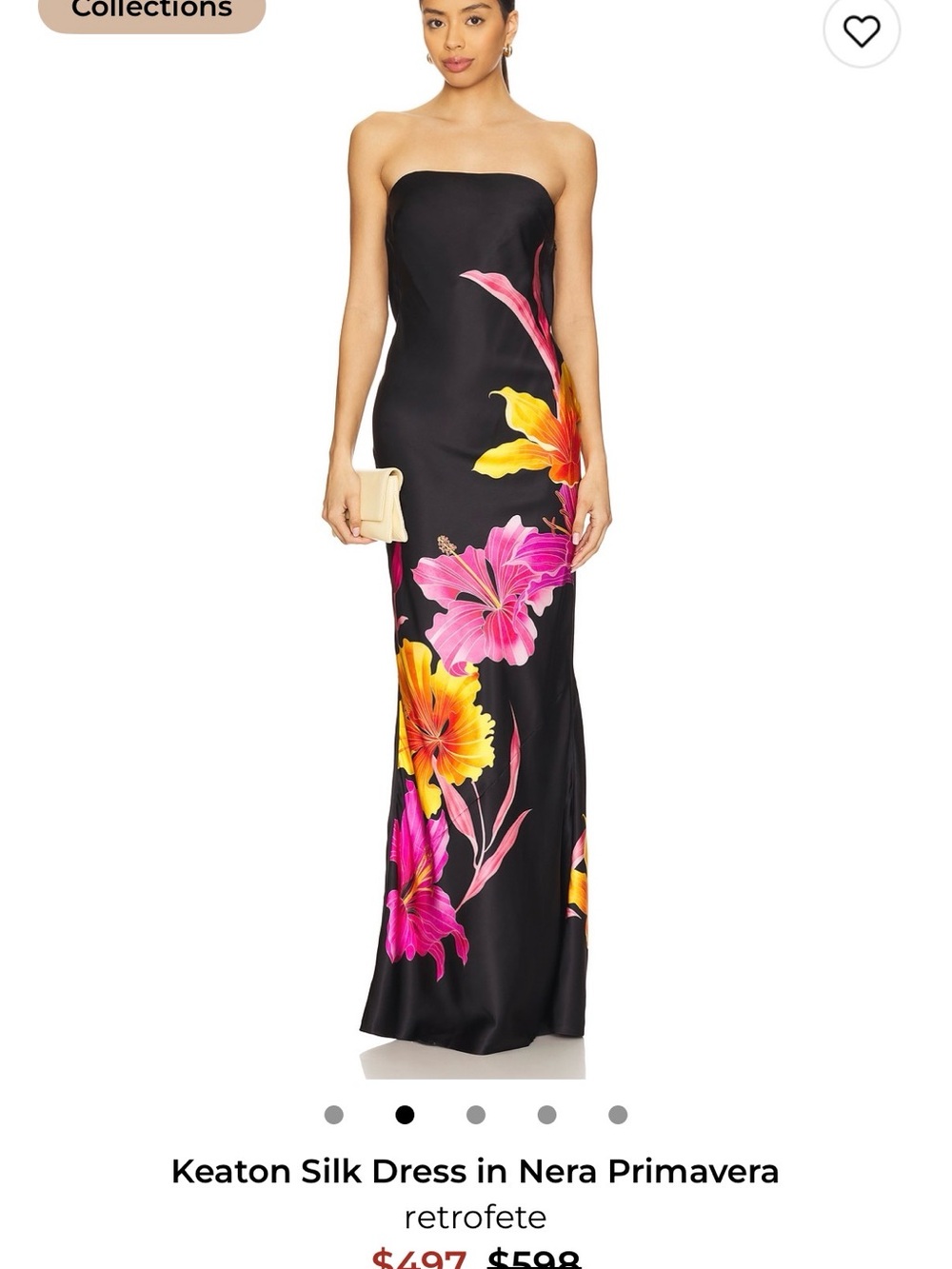 Retrofete Strapless Black Silk Gown with Pink & Yellow Floral